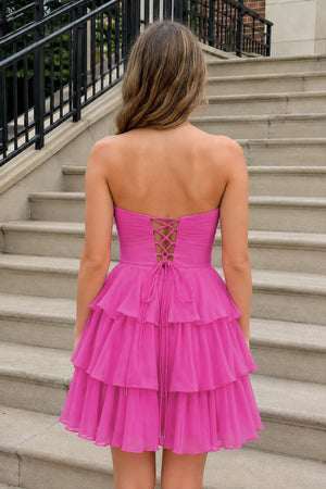 Fuchsia Strapless A Line Chiffon Ruffles Homecoming Dresses With Flower - KISSPROM