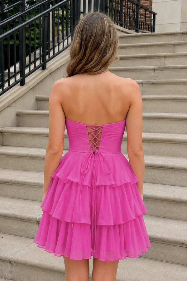 Fuchsia Strapless A Line Chiffon Ruffles Homecoming Dresses With Flower - KISSPROM