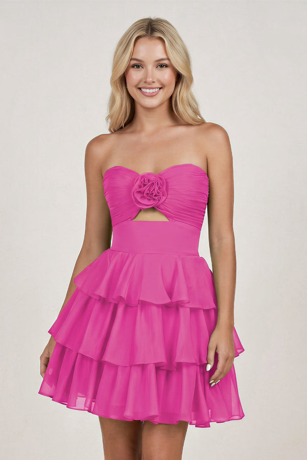 Fuchsia Strapless A Line Chiffon Ruffles Homecoming Dresses With Flower - KISSPROM