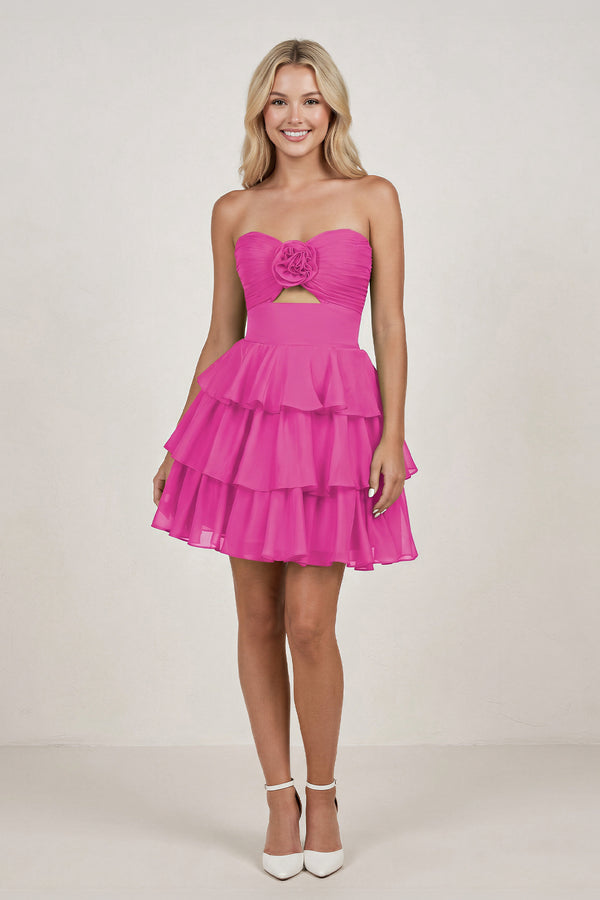 Fuchsia Strapless A Line Chiffon Ruffles Homecoming Dresses With Flower - KISSPROM