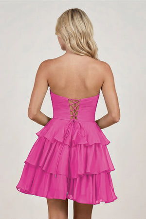 Fuchsia Strapless A Line Chiffon Ruffles Homecoming Dresses With Flower - KISSPROM