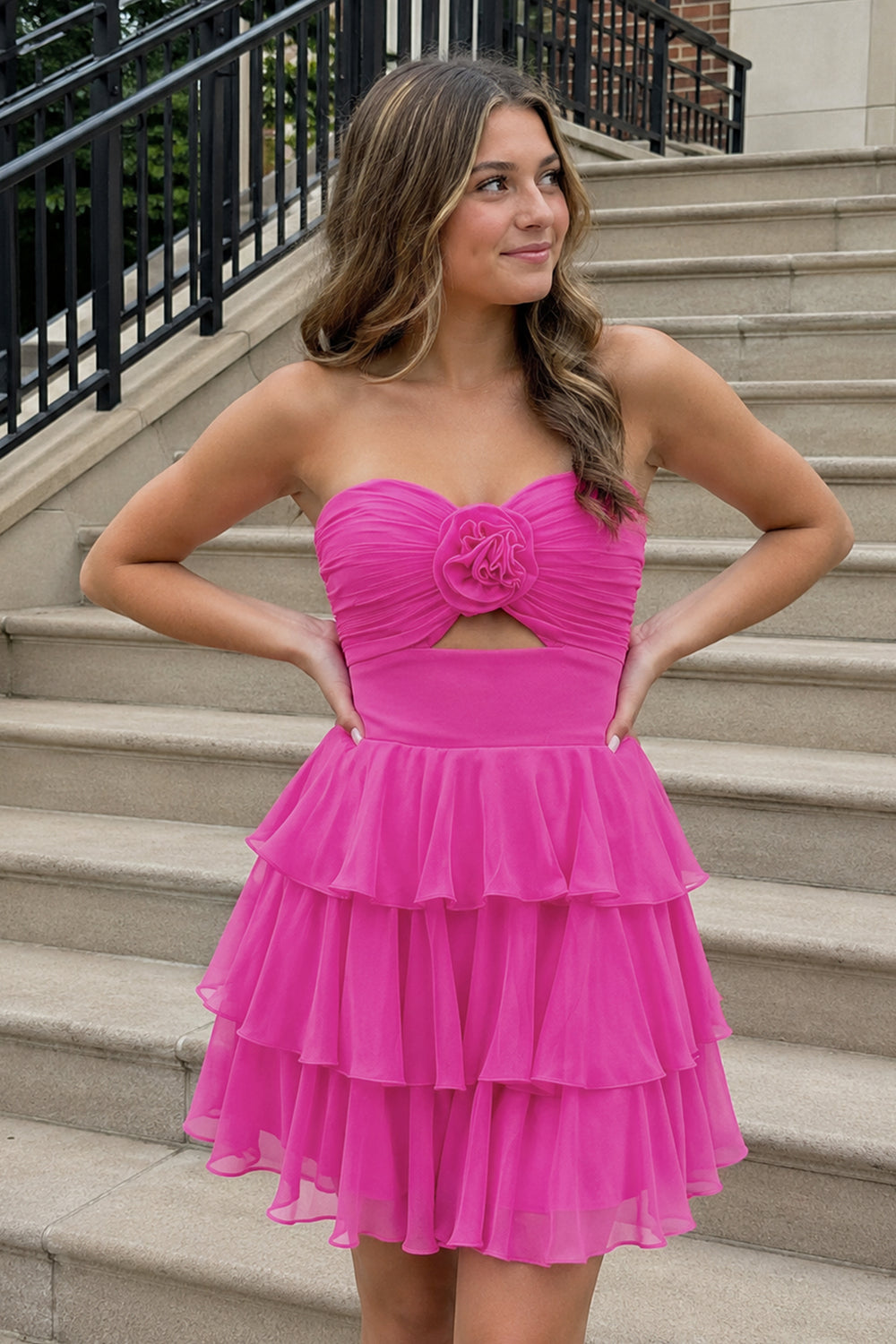 Fuchsia Strapless A Line Chiffon Ruffles Homecoming Dresses With Flower - KISSPROM