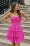 Fuchsia Strapless A Line Chiffon Ruffles Homecoming Dresses With Flower - KISSPROM