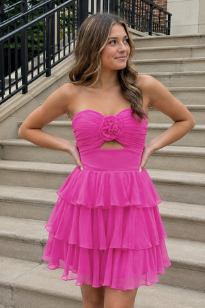 Fuchsia Strapless A Line Chiffon Ruffles Homecoming Dresses With Flower - KISSPROM
