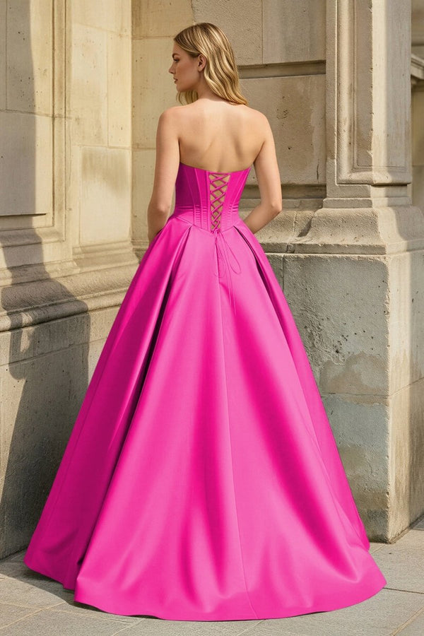 Fuchsia Strapless A Line Pleated Satin Long Prom Dresses With Flower - KissProm