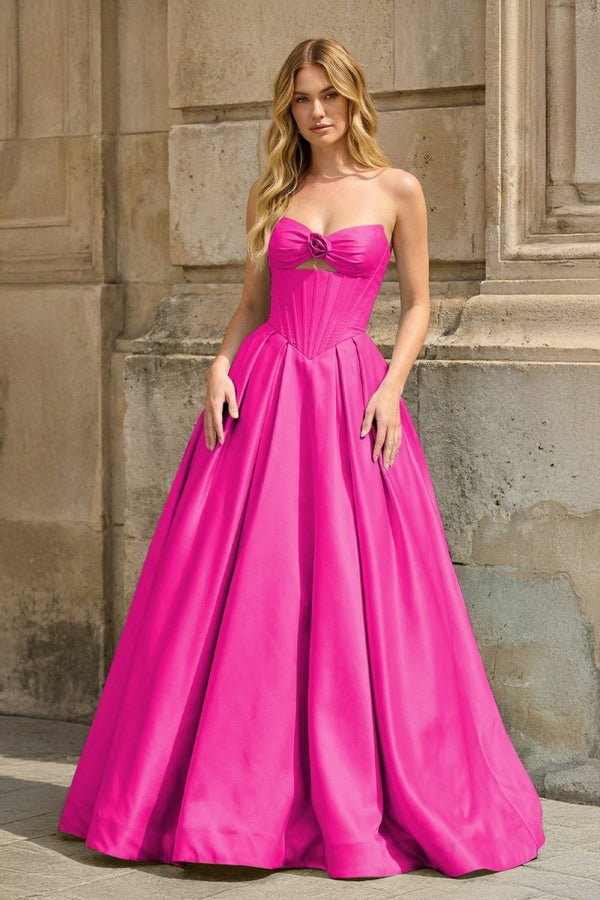 Fuchsia Strapless A Line Pleated Satin Long Prom Dresses With Flower - KissProm