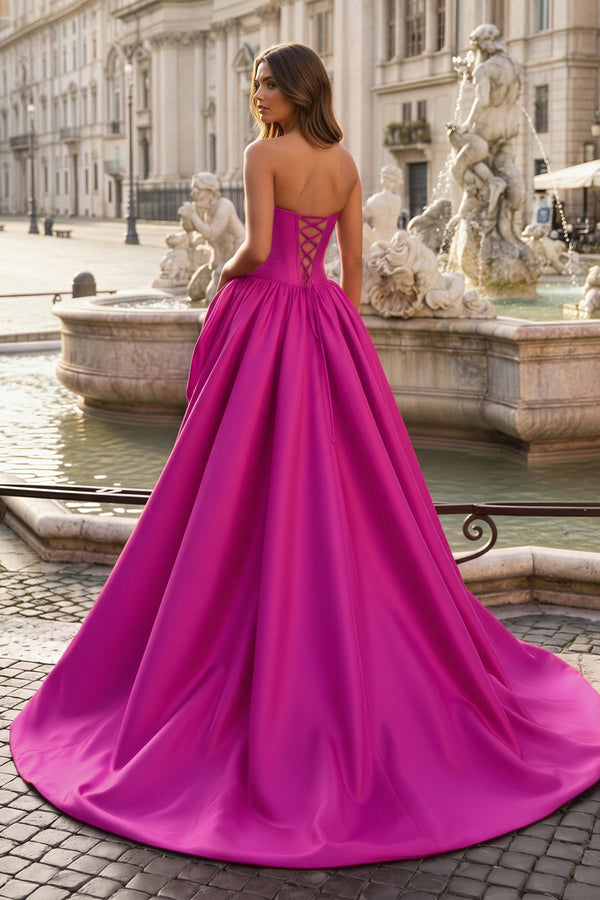 Fuchsia Strapless A Line Satin Long Formal Dress With 3D Flower | KISSPROM
