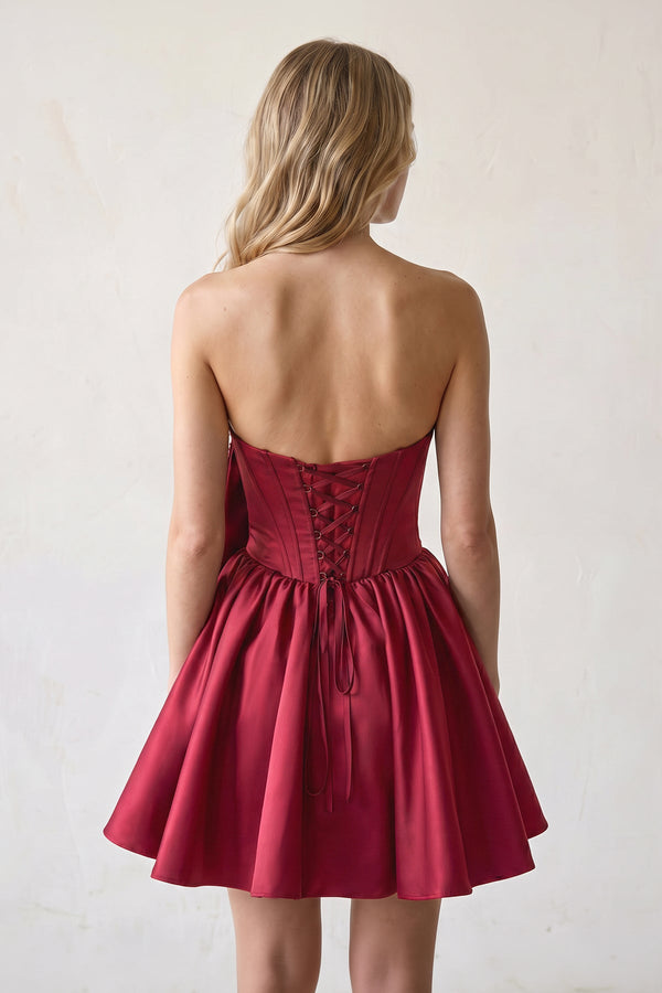Fuchsia Strapless A-Line Satin Mini Corset Homecoming Dress With Bow - KissDress