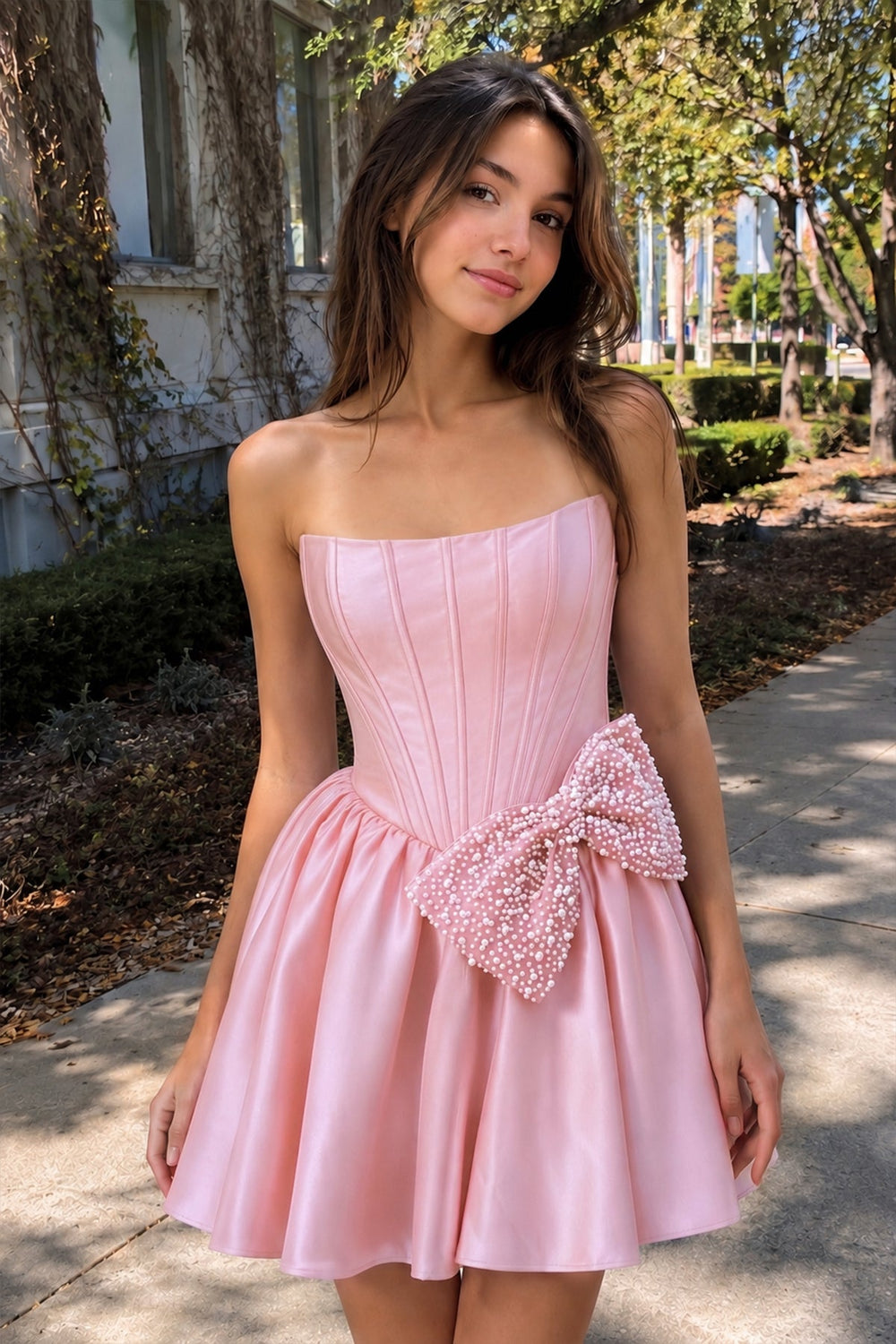 Pink Strapless A-Line Satin Mini Corset Homecoming Dress With Bow | KISSPROM