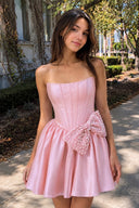 Fuchsia Strapless A-Line Satin Mini Corset Homecoming Dress With Bow - KissDress