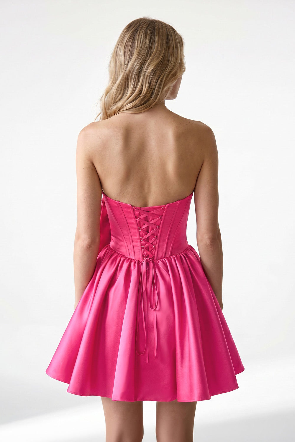 Fuchsia Strapless A-Line Satin Mini Corset Homecoming Dress With Bow - KissDress