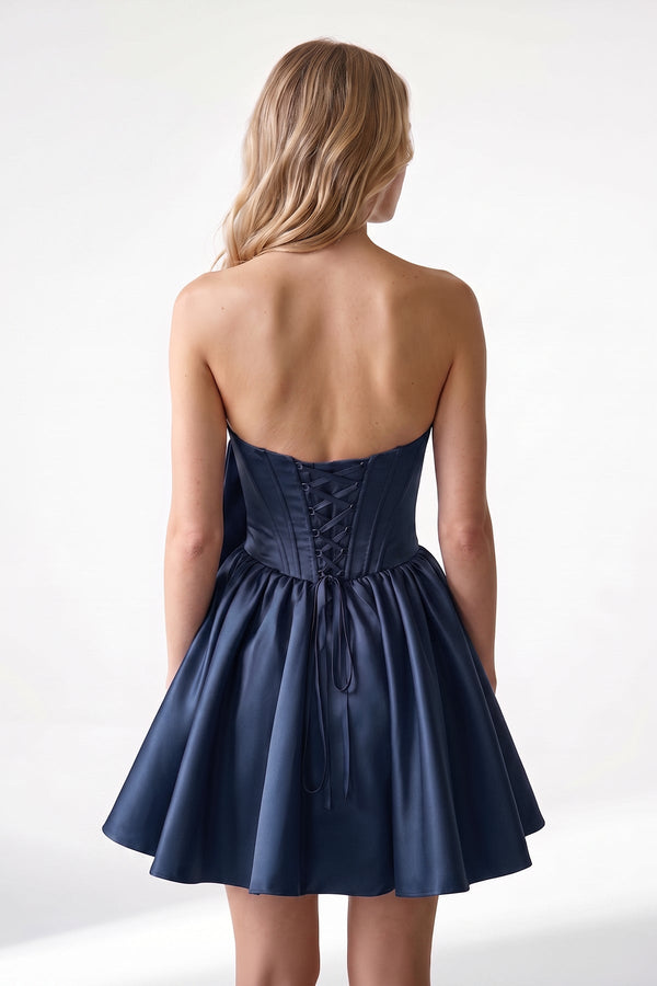 Fuchsia Strapless A-Line Satin Mini Corset Homecoming Dress With Bow - KissDress
