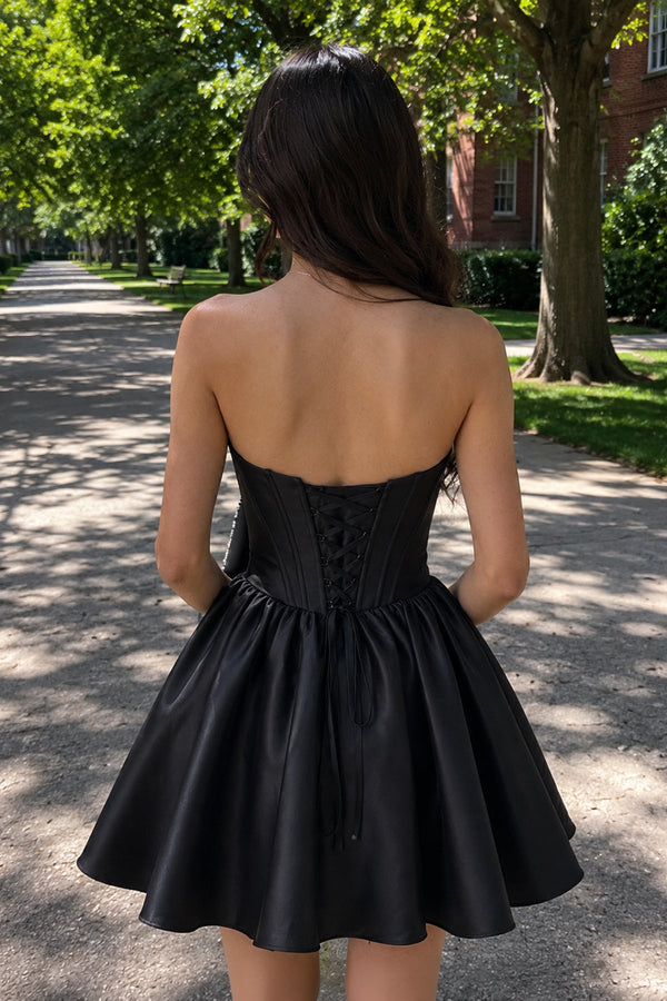 Fuchsia Strapless A-Line Satin Mini Corset Homecoming Dress With Bow - KissDress