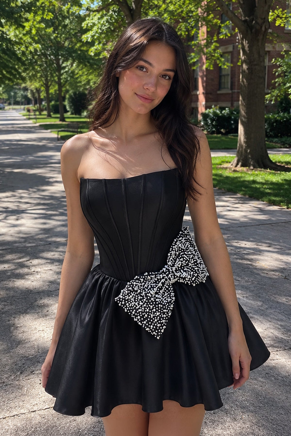 Black Strapless A-Line Satin Mini Corset Homecoming Dress With Bow - KISSPROM
