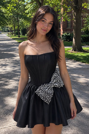 Fuchsia Strapless A-Line Satin Mini Corset Homecoming Dress With Bow - KissDress