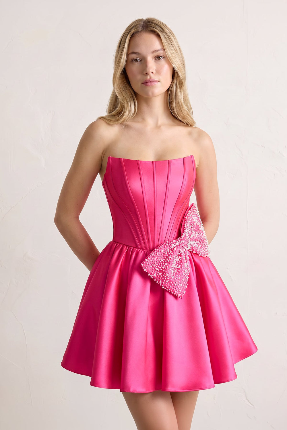Fuchsia Strapless A-Line Satin Mini Corset Homecoming Dress With Bow - KissDress