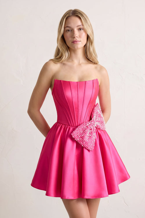 Fuchsia Strapless A-Line Satin Mini Corset Homecoming Dress With Bow - KissDress