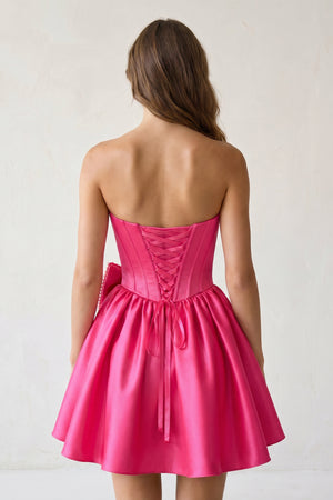 Fuchsia Strapless A-Line Satin Mini Corset Homecoming Dress With Bow - KISSPROM
