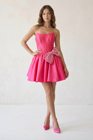 Fuchsia Strapless A-Line Satin Mini Corset Homecoming Dress With Bow - KISSPROM