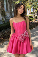 Fuchsia Strapless A-Line Satin Mini Corset Homecoming Dress With Bow - KISSPROM