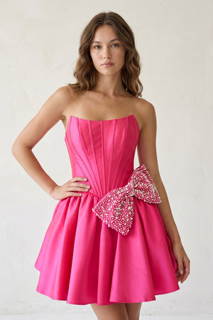 Fuchsia Strapless A-Line Satin Mini Corset Homecoming Dress With Bow - KISSPROM