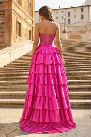 KissProm-Fuchsia Sweetheart A Line Satin Ruffled Long Prom Dresses With Slit