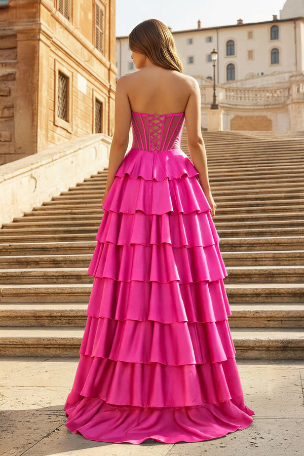 KissProm-Fuchsia Sweetheart A Line Satin Ruffled Long Prom Dresses With Slit