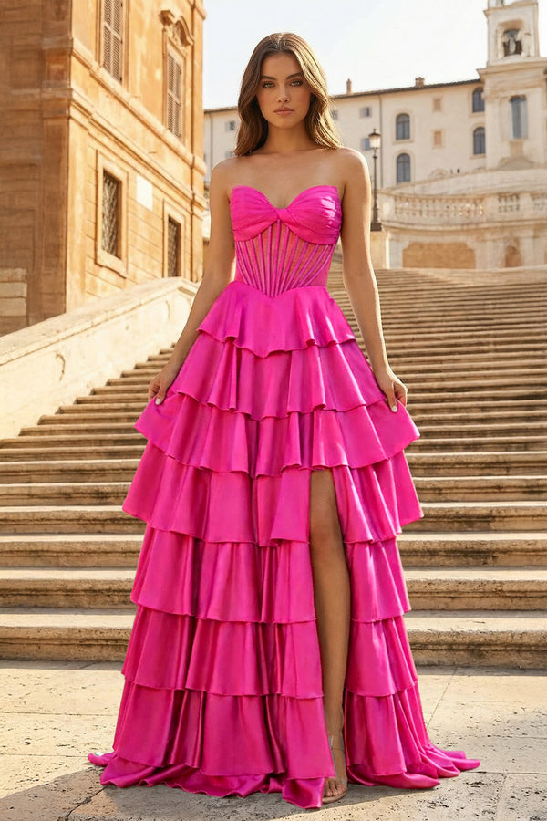 KissProm-Fuchsia Sweetheart A Line Satin Ruffled Long Prom Dresses With Slit