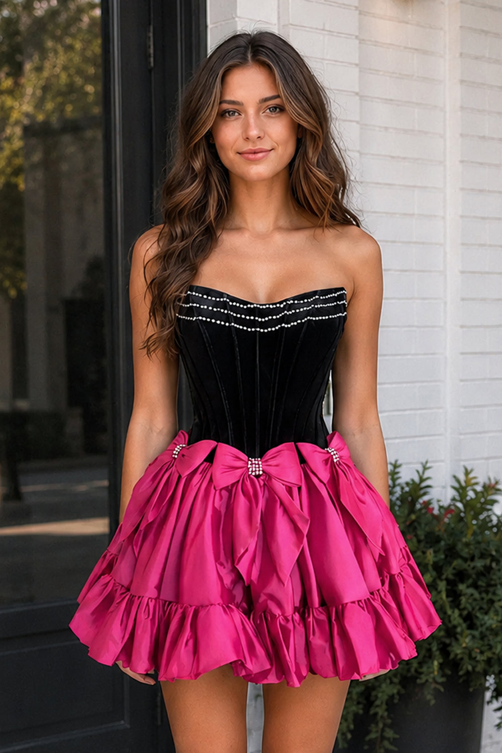 Fuchsia Strapless A Line Velvet Homecoming Dresses With Bow | KISSPROM
