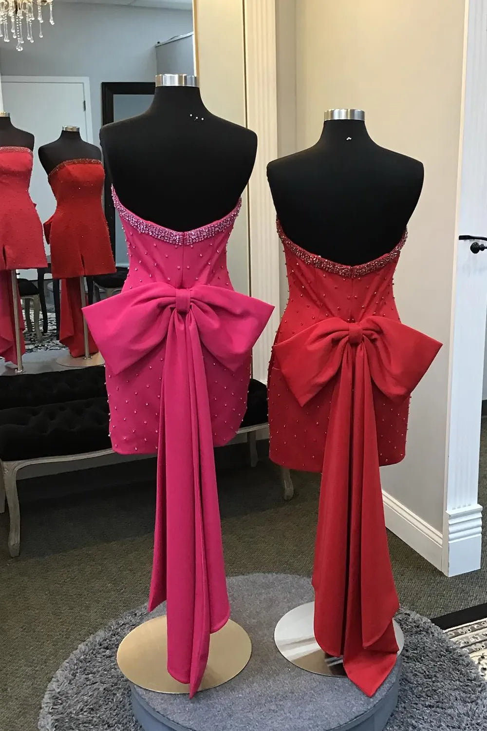 Fuchsia Strapless Beaded Bodycon Short Homecoming Dress with Bow - KissProm