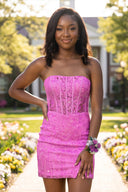 Fuchsia Strapless Bodycon Appliqued Mini Homecoming Dresses With Slit | KISSPROM