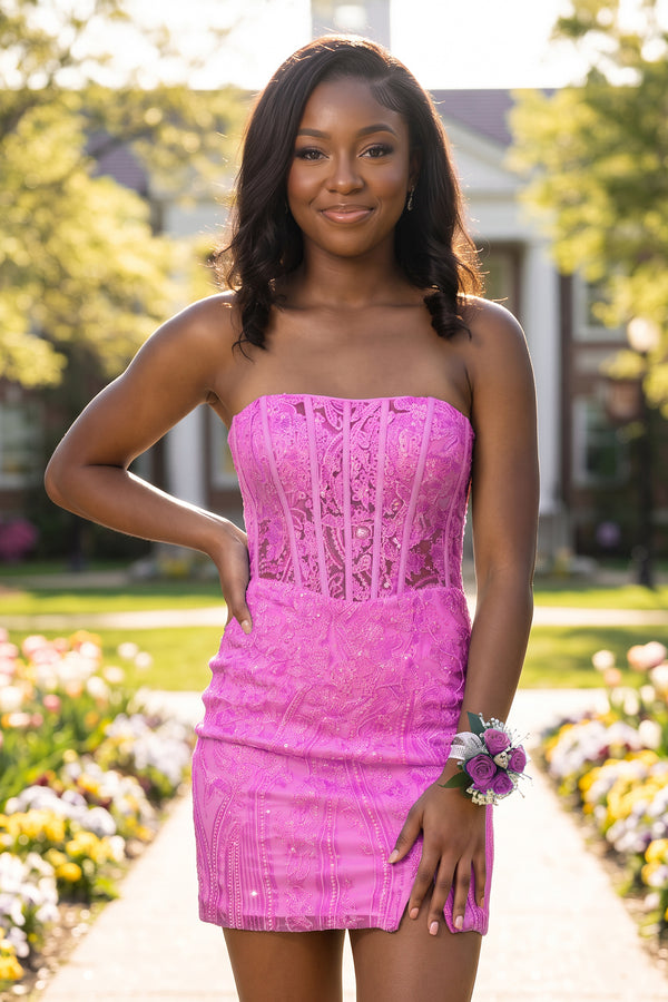 Fuchsia Strapless Bodycon Appliqued Mini Homecoming Dresses With Slit | KISSPROM