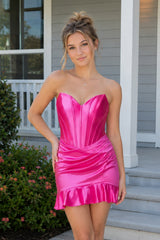 Fuchsia Strapless Bodycon Satin Pleated Homecoming Dresses With Ruffles | KISSPROM