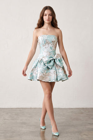 Aqua Strapless Jacquard A-Line Homecoming Dress with Bowknot (3) | KISSPROM
