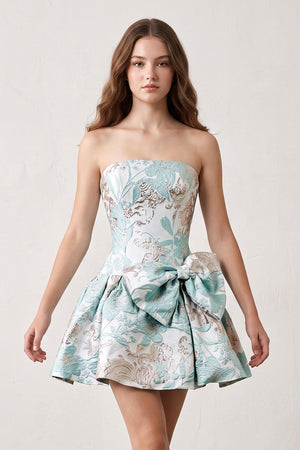Aqua Strapless Jacquard A-Line Homecoming Dress with Bowknot | KISSPROM