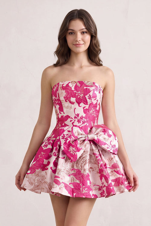 Fuchsia Strapless Jacquard A-Line Homecoming Dress with Bowknot | KISSPROM