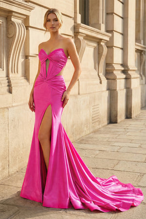 KissProm-Fuchsia Sweetheart Mermaid Satin Beaded Long Prom Dresses With Slit