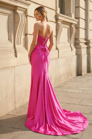 KissProm-Fuchsia Sweetheart Mermaid Satin Beaded Long Prom Dresses With Slit