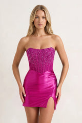 Fuchsia Strapless Satin Corset Bodycon Mini Party Dress with Beading | KISSPROM