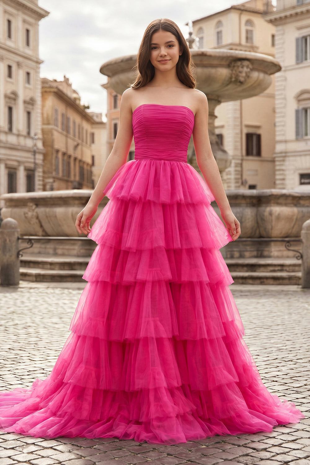 A-Line Strapless Tiered Tulle Prom Dress with Ruffles - KissProm 