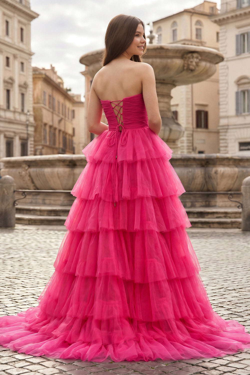 A-Line Strapless Tiered Tulle Prom Dress with Ruffles - KissProm 