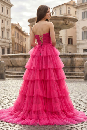 A-Line Strapless Tiered Tulle Prom Dress with Ruffles - KissProm 