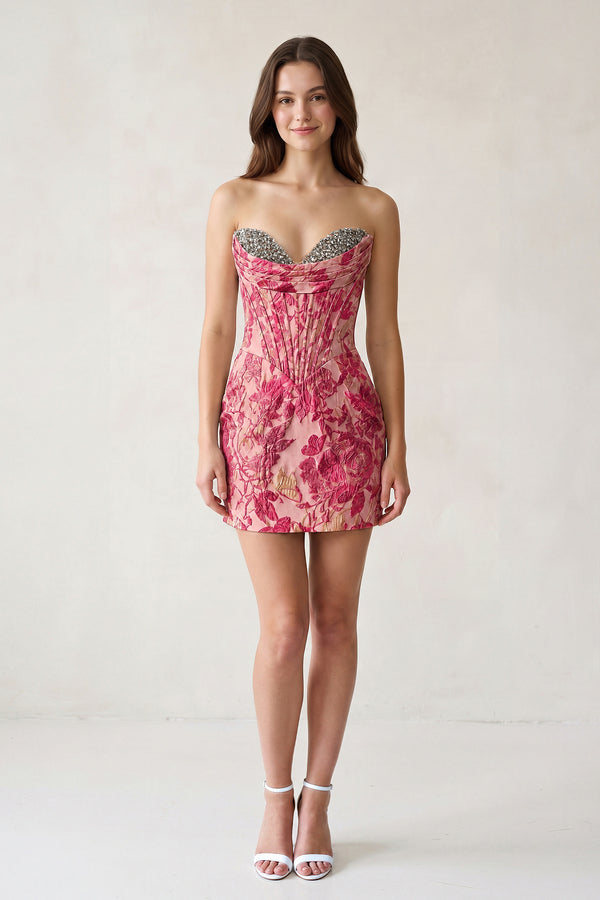 Fuchsia Sweetheart Jacquard Sheath Corset Homecoming Dress (3) | KISSPROM