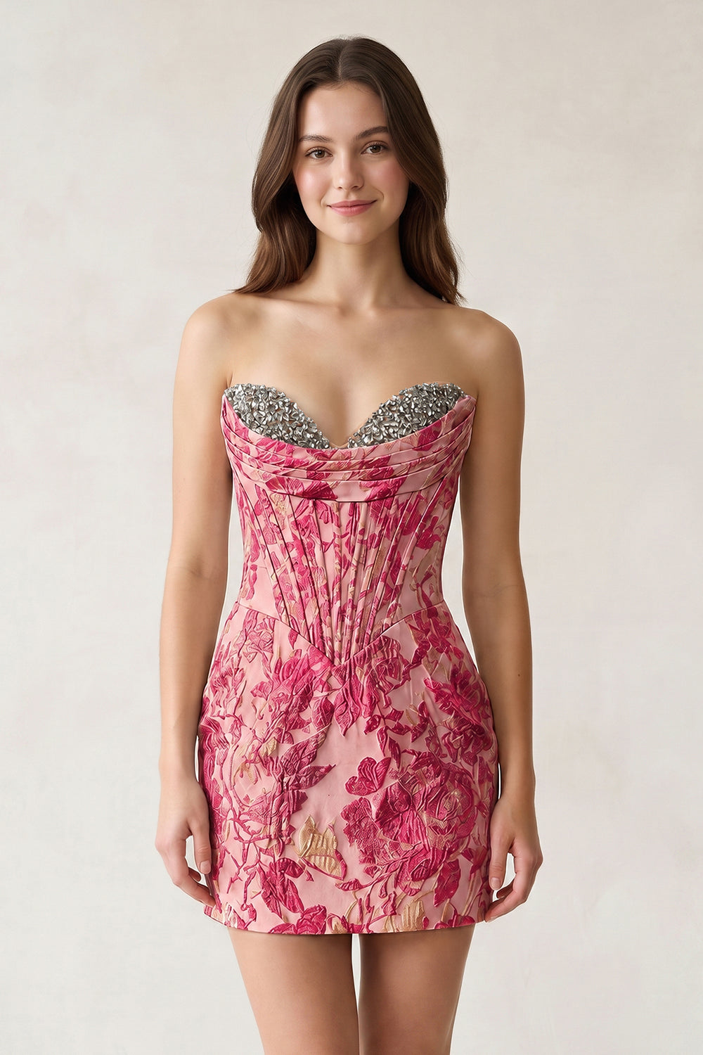Fuchsia Sweetheart Jacquard Sheath Corset Homecoming Dress | KISSPROM