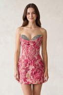Fuchsia Sweetheart Jacquard Sheath Corset Homecoming Dress | KISSPROM