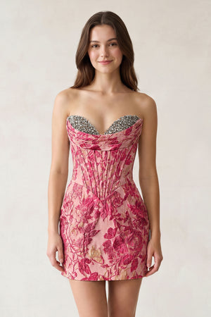 Fuchsia Sweetheart Jacquard Sheath Corset Homecoming Dress | KISSPROM