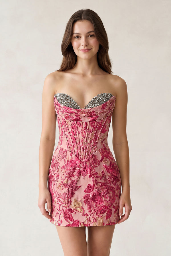 Fuchsia Sweetheart Jacquard Sheath Corset Homecoming Dress | KISSPROM