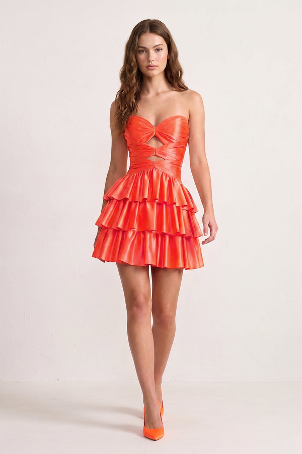 Fuchsia Sweetheart Ruffled A-Line Cut-Out Satin Homecoming Dress