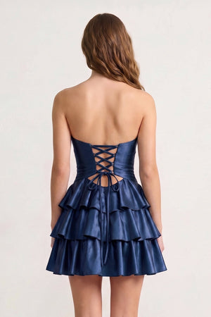 Fuchsia Sweetheart Ruffled A-Line Cut-Out Satin Homecoming Dress