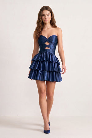 Fuchsia Sweetheart Ruffled A-Line Cut-Out Satin Homecoming Dress